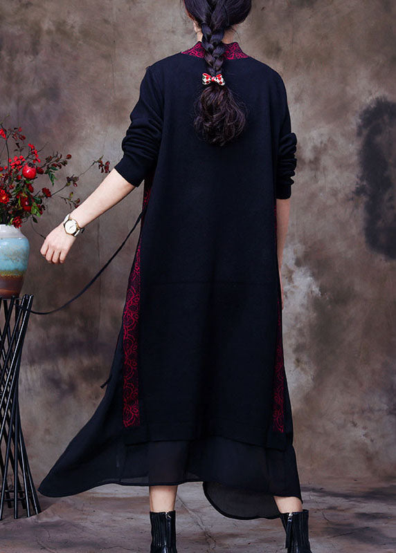 Frauen Lila schwarz O-Ausschnitt Seite offen Tüll Patchwork Strickkleider Frühling