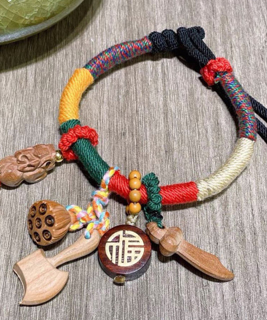 Pulsera con borlas de caoba tejidas a mano con arcoíris para mujer