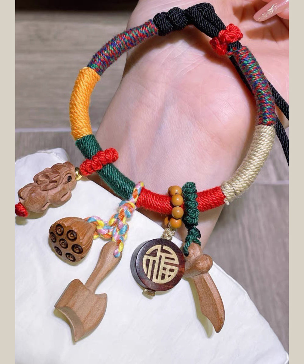 Pulsera con borlas de caoba tejidas a mano con arcoíris para mujer