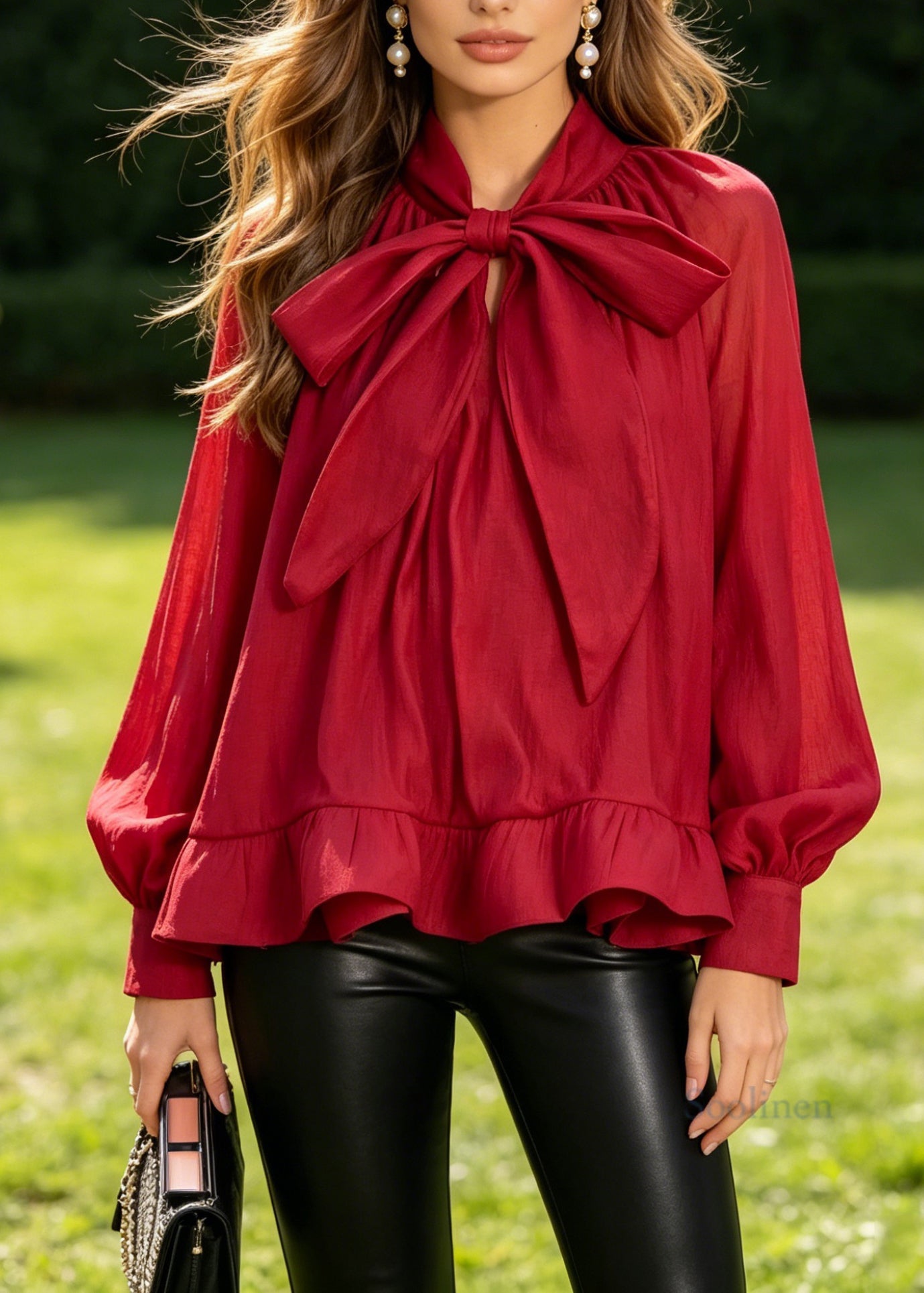 Women Red Bow Patchwork Chiffon Shirt Top Long Sleeve