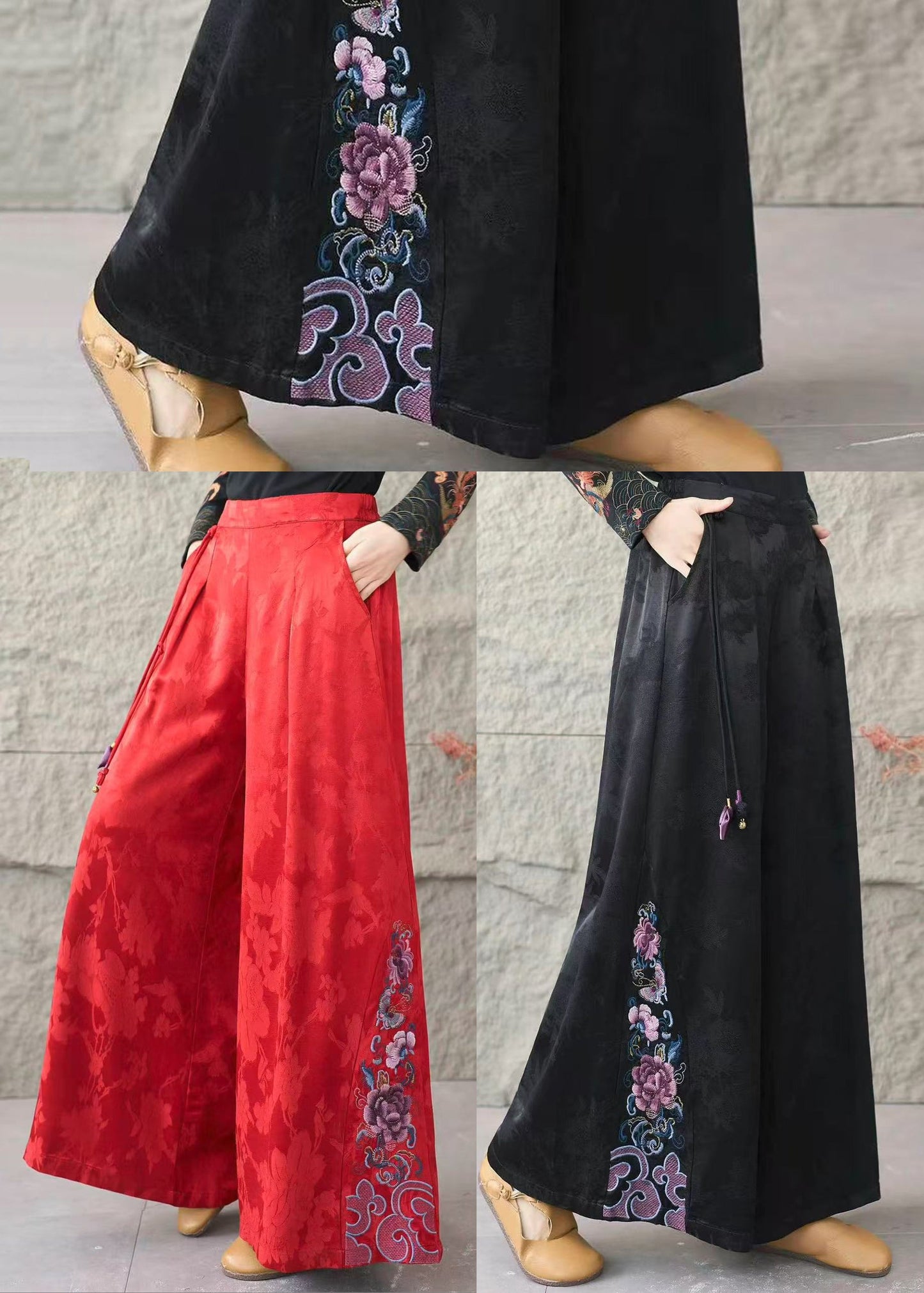 Women Red Embroidered Jacquard Silk Straigh Pants Spring