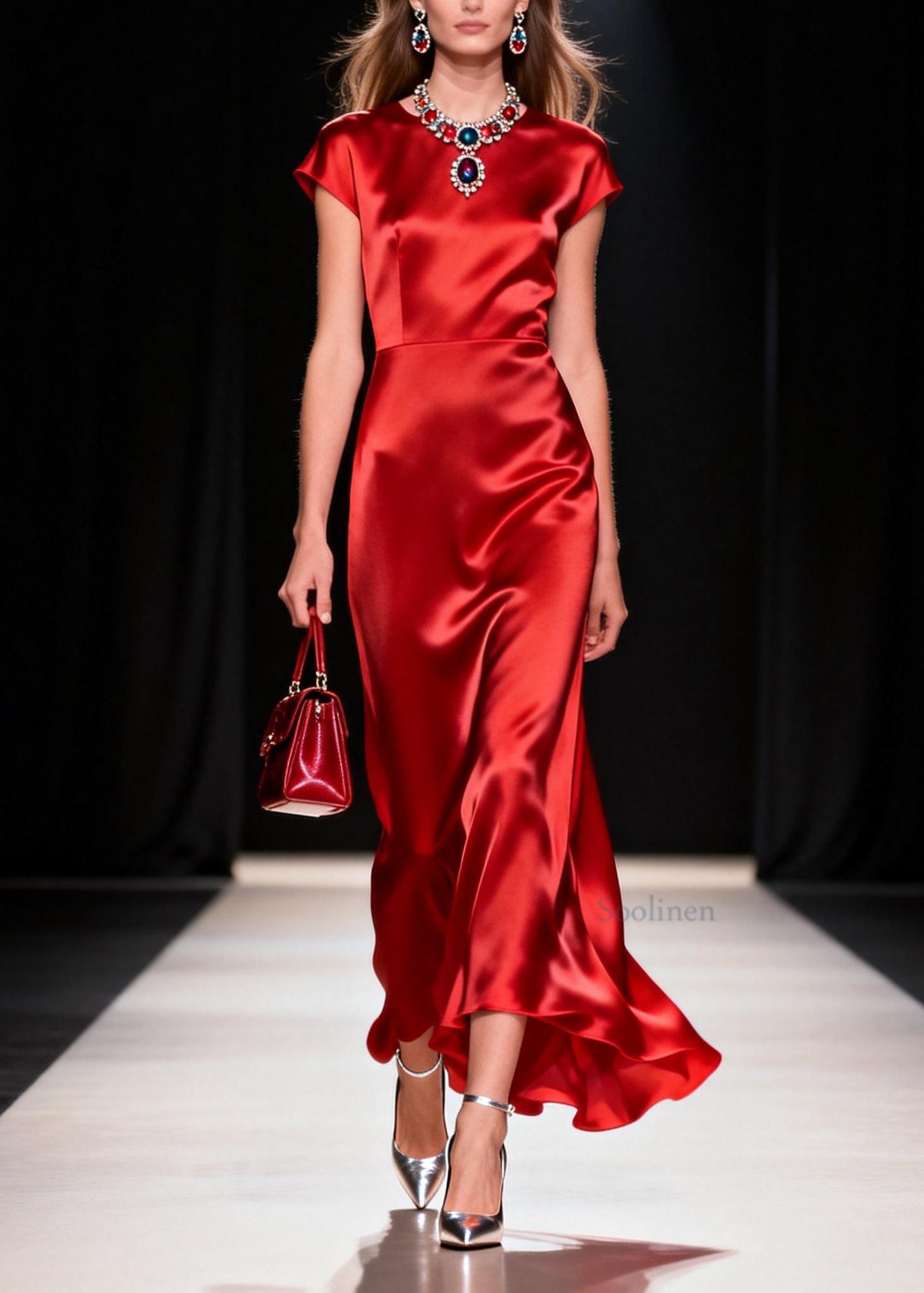 Women Red O Neck Patchwork Silk Long Dress Summer