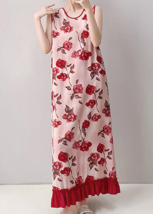 Women Red O-Neck Print Long Dresses Summer