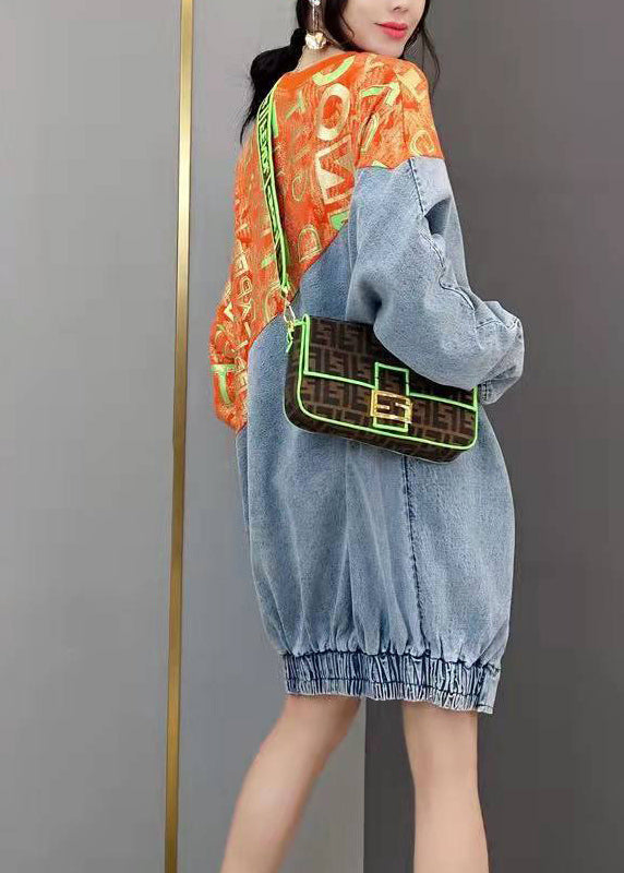 Frauen Rot O-Neck print stricken Patchwork denim Kleider Frühling