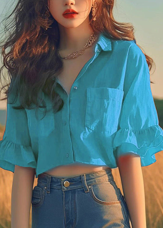 Camisas cortas de algodón con cuello Peter Pan y mangas acampanadas para mujer