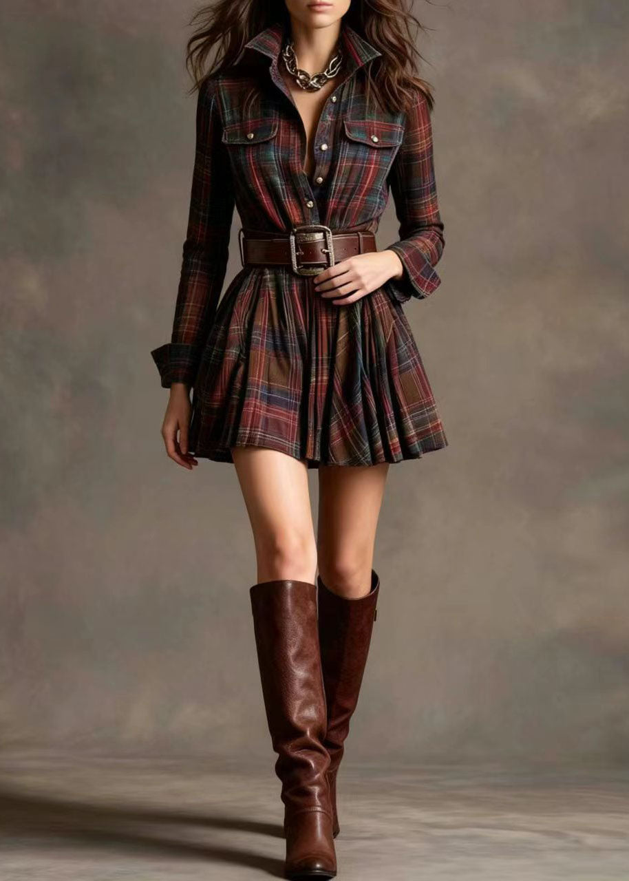 Women Red Peter Pan Collar Plaid Pockets Cotton Mini Dresses Long Sleeve