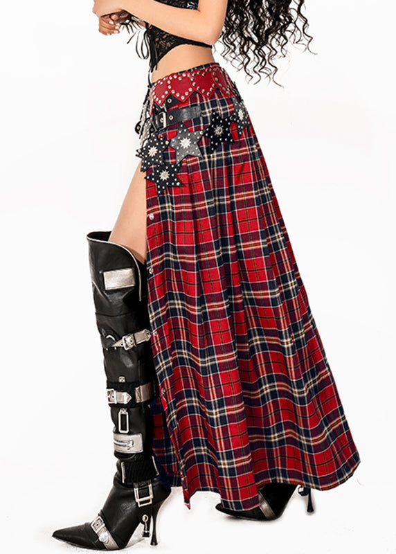 Women Red Plaid Side Open Maxi Skirts Summer