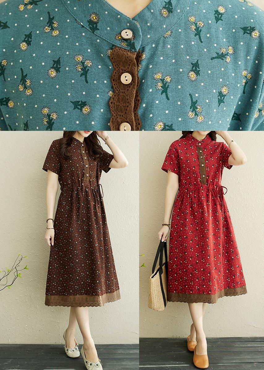 Women Red Print stand collar Robe Summer Cotton Dress - SooLinen