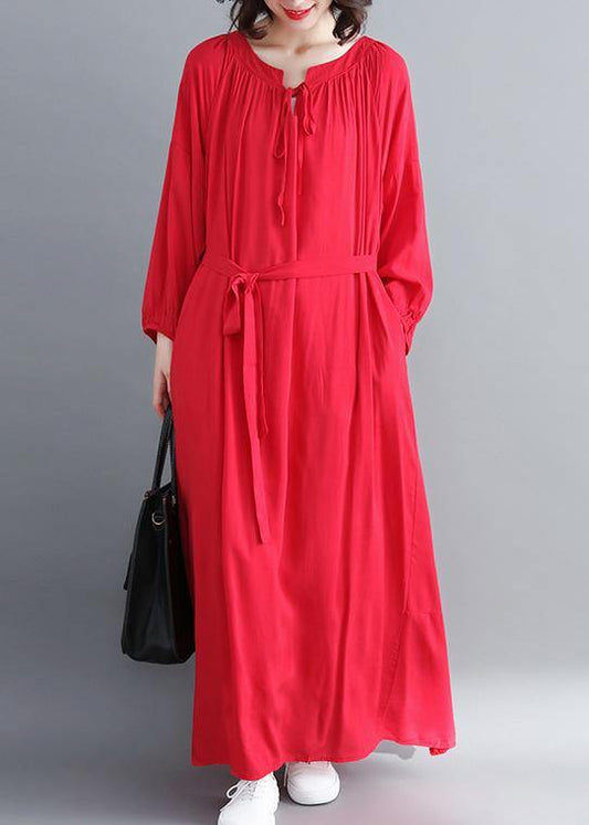 Women Red Quilting Dresses O Neck large hem Long Spring Dresses - SooLinen