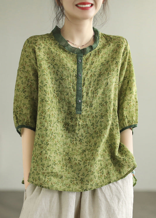 Frauen Rot Rüschen Print Button Low High Design Ramie Shirt Sommer