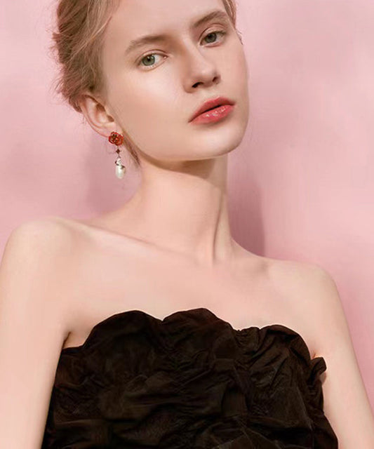 Pendientes colgantes de plata de ley roja con rosa y perla dorada para mujer