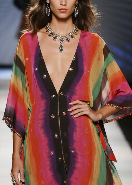 Women Red Tie Dye Draping Chiffon Vacation Dresses Summer