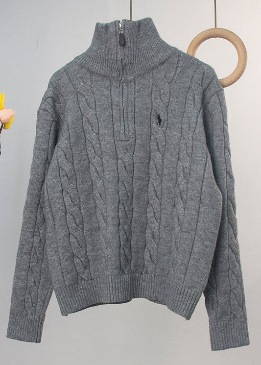 Women Red Turtleneck Zip Up Cable Knit Sweater Spring