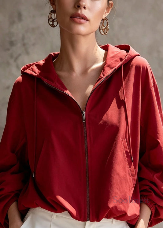 Women Red Zip Up Pockets Hooded Short Coats Fall