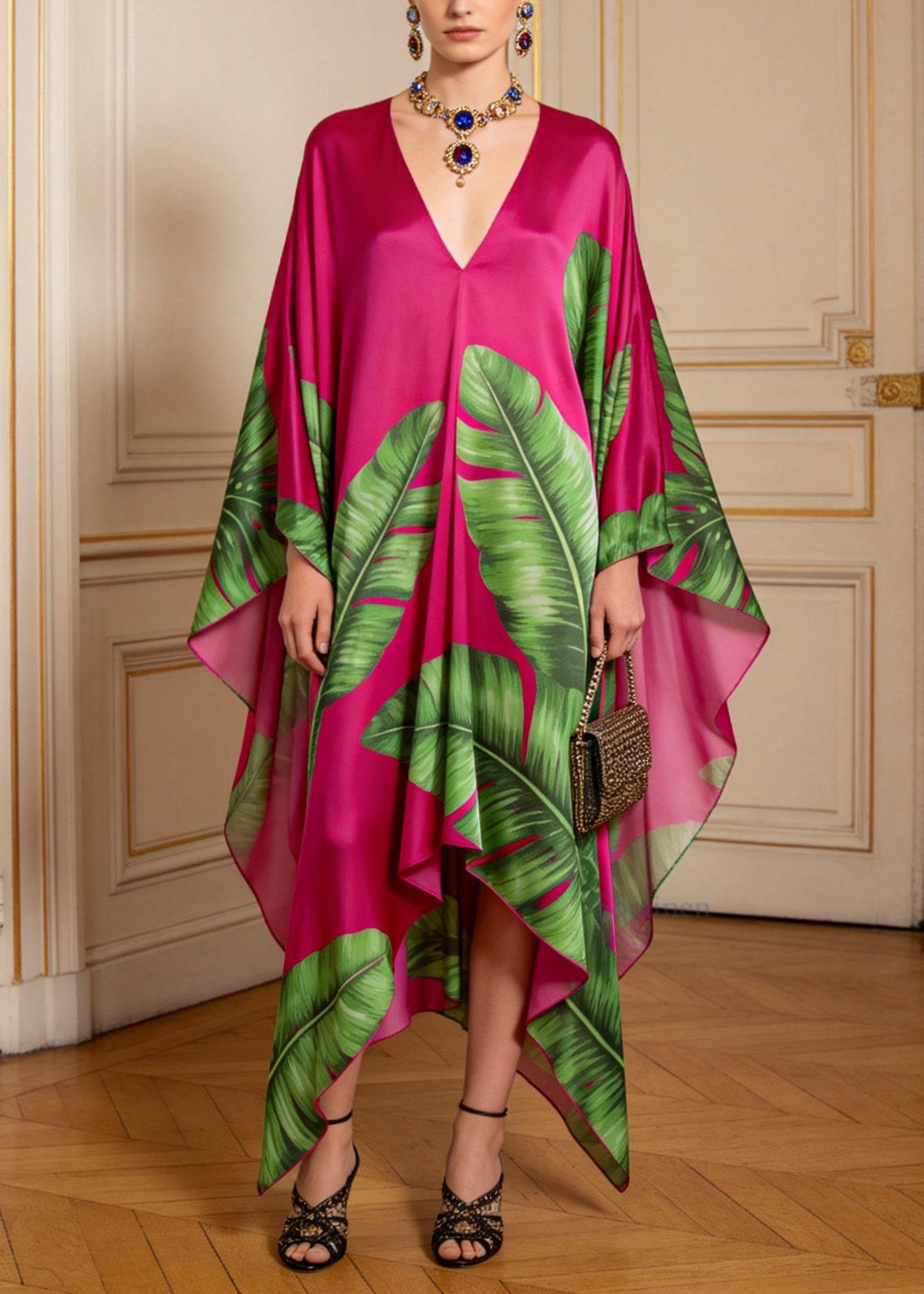 Women Rose V Neck Asymmetrical Design Print Chiffon Long Dress Summer