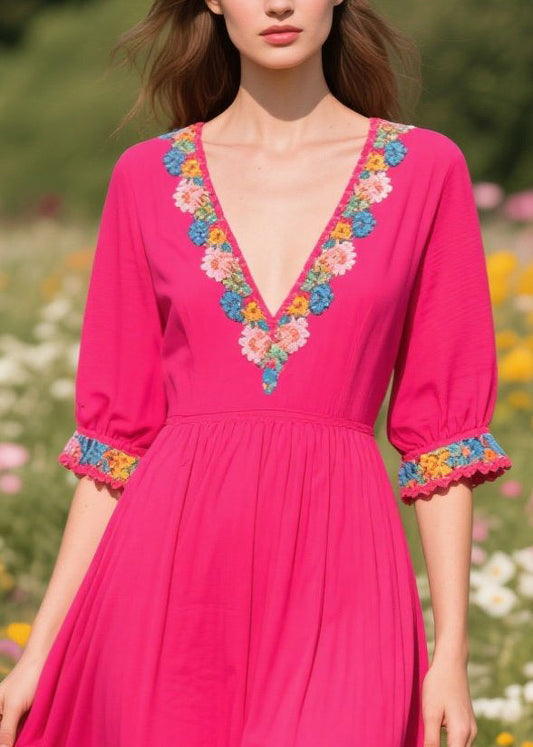 Women Rose V Neck Patchwork Cotton Ankle Dress Summer