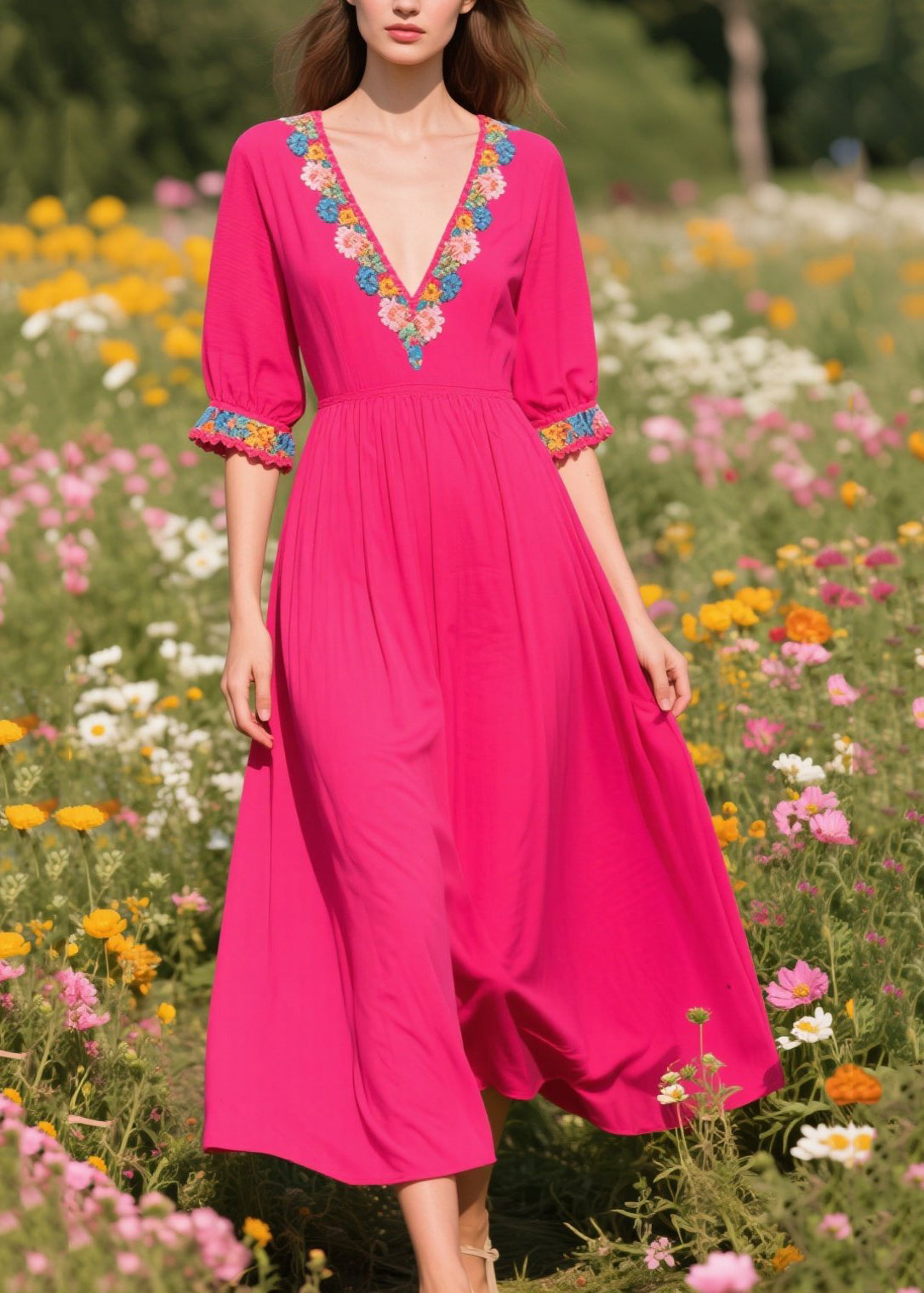 Women Rose V Neck Patchwork Cotton Ankle Dress Summer