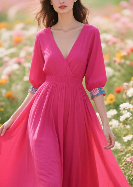 Women Rose V Neck Patchwork Cotton Vacation Dresses Summer