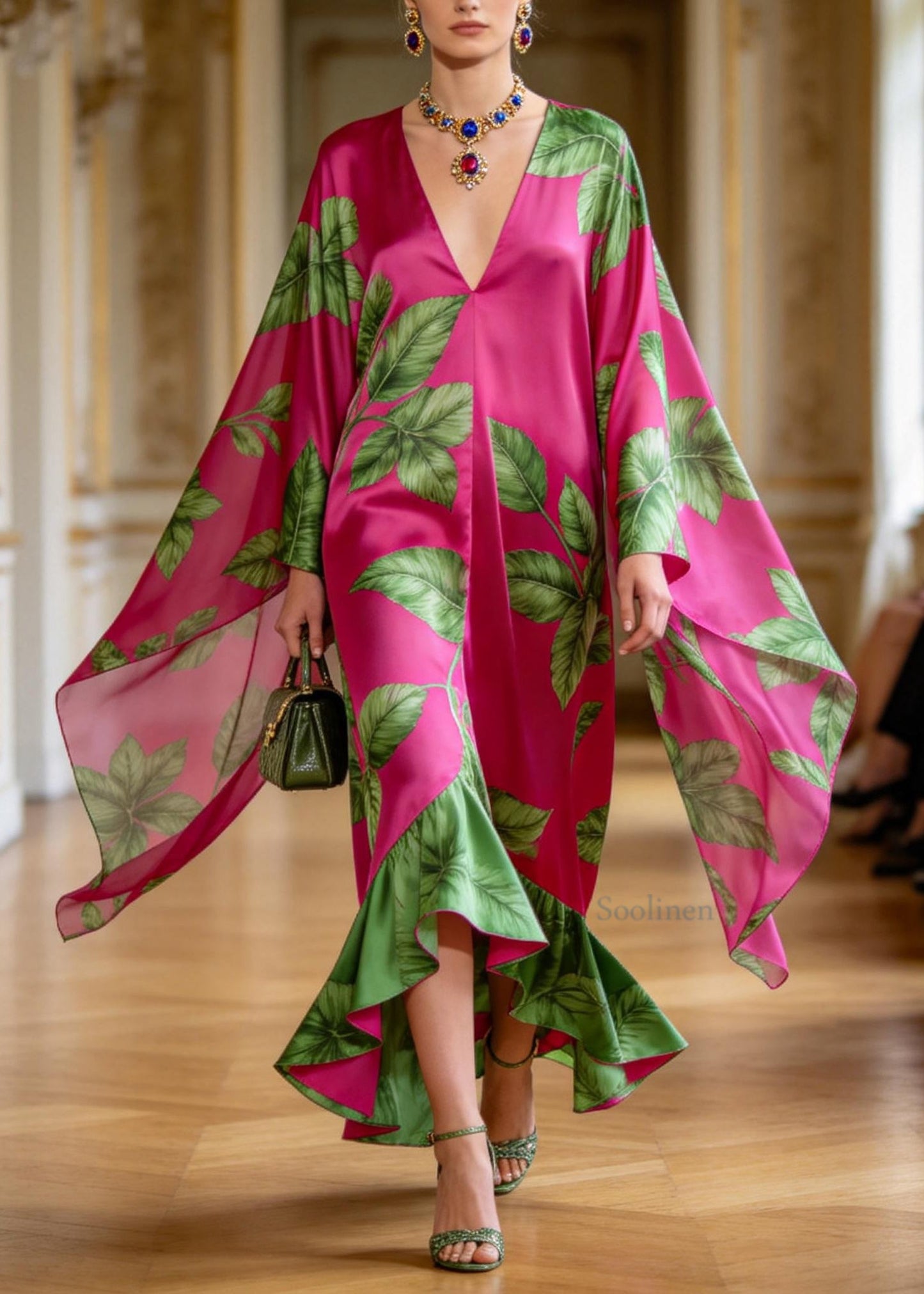 Women Rose V Neck Print Ruffled Patchwork Chiffon Dress Summer