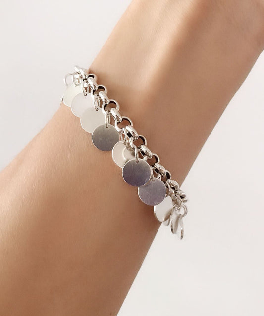 Pulsera de cadena con borlas y lentejuelas de plata de ley y seda para mujer