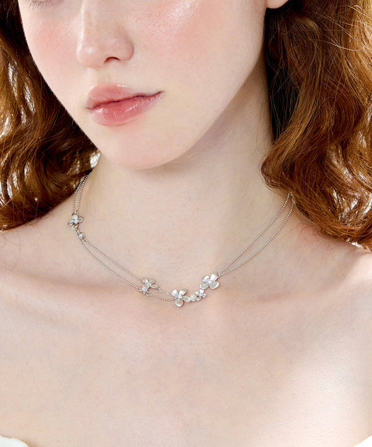 Women Silver Floral Double Layer Chain Copper Choker