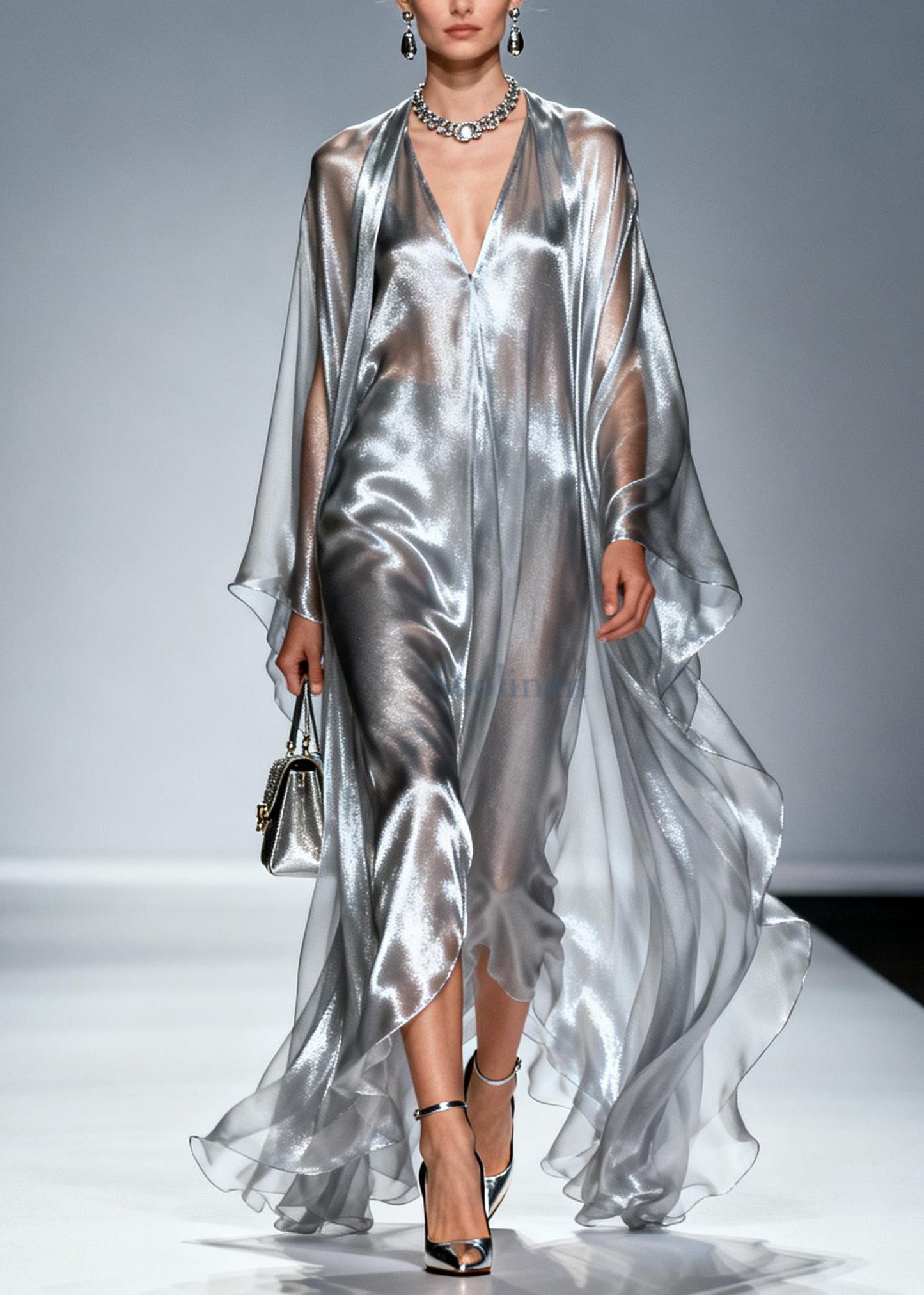 Women Silvery Oversized Draping Chiffon Maxi Dresses Summer