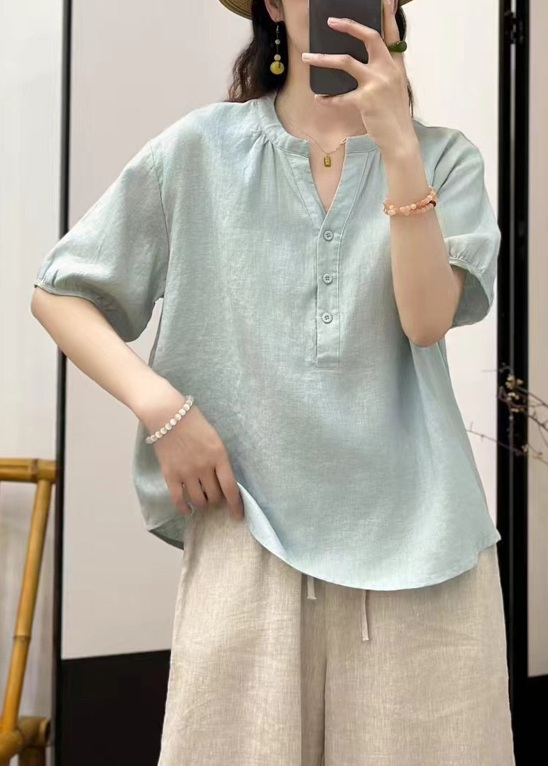 Women Sky Blue Button Solid Loose Linen Shirt