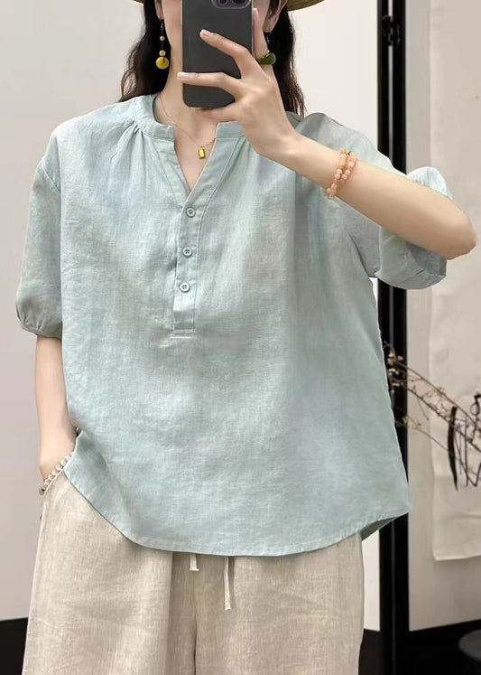 Women Sky Blue Button Solid Loose Linen Shirt