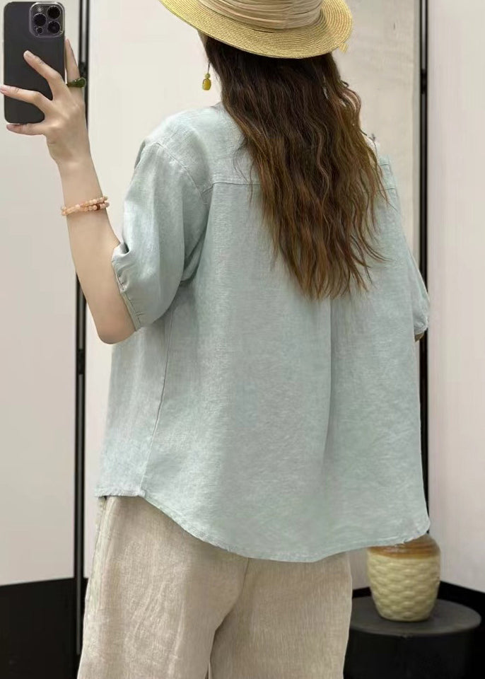 Women Sky Blue Button Solid Loose Linen Shirt