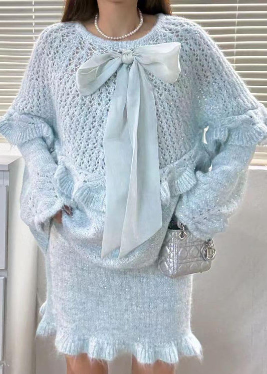 Women Sky Blue Ruffles Hollow Out Knit Two Piece Suit Set Fall