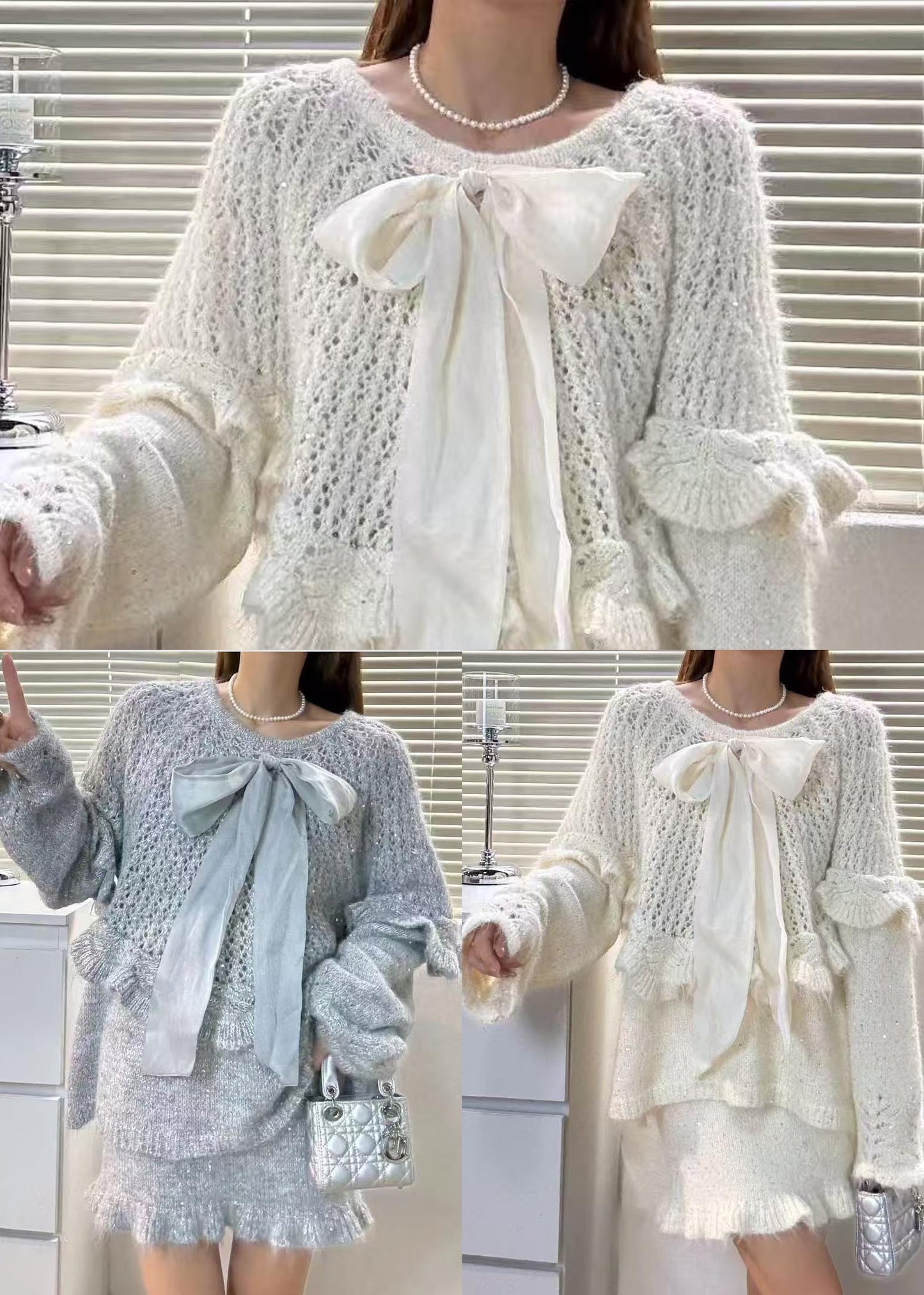 Women Sky Blue Ruffles Hollow Out Knit Two Piece Suit Set Fall