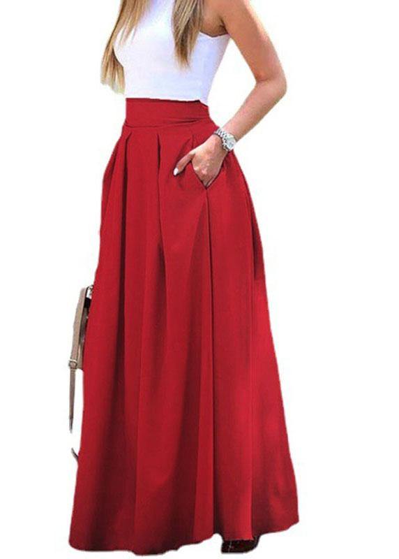 Women Solid Color High Waist Big Swing Zipper Casual Loose Long Skirt With Pocket - SooLinen