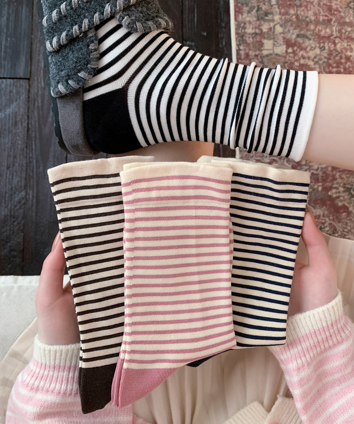 Women Summer Thin Striped Cotton Mid Calf Socks