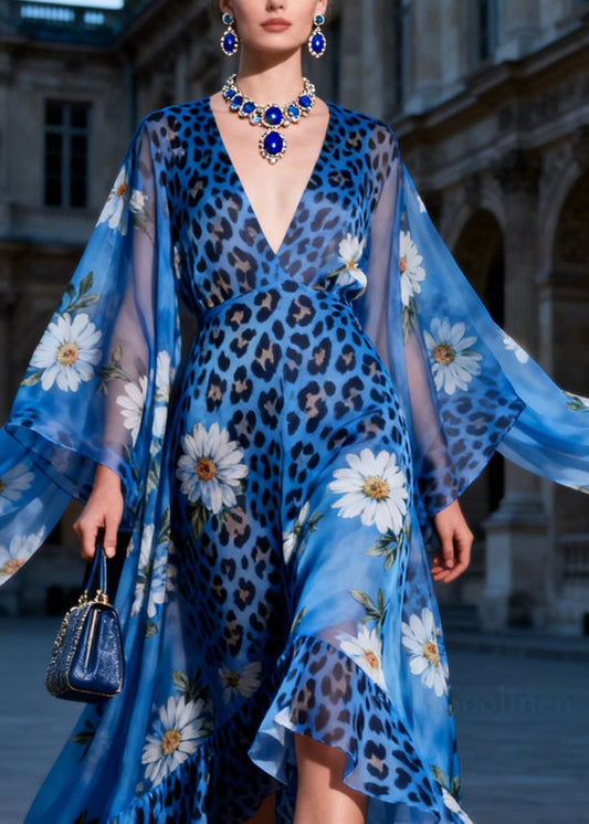 Women V Neck Asymmetrical Design Print Patchwork Chiffon Dresses Summer