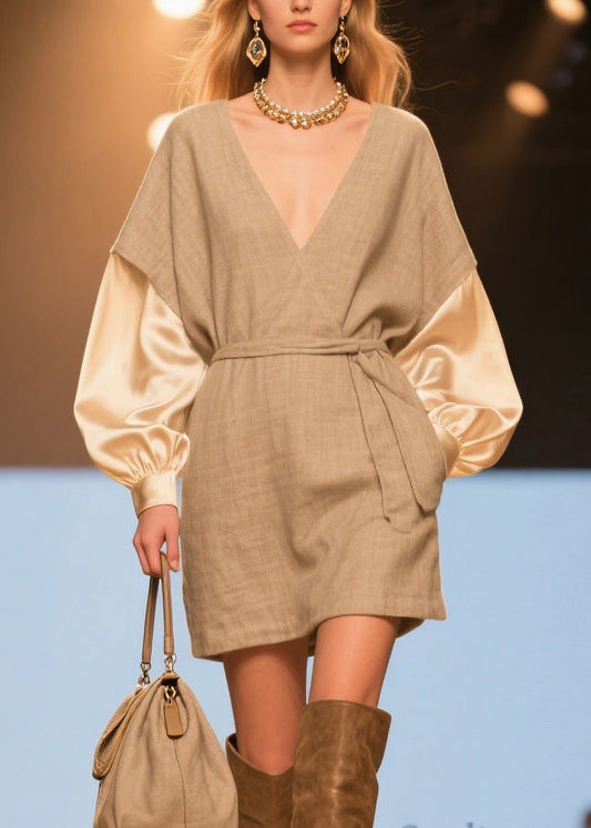 Women V Neck Patchwork Linen Silk Mid Dresses Spring