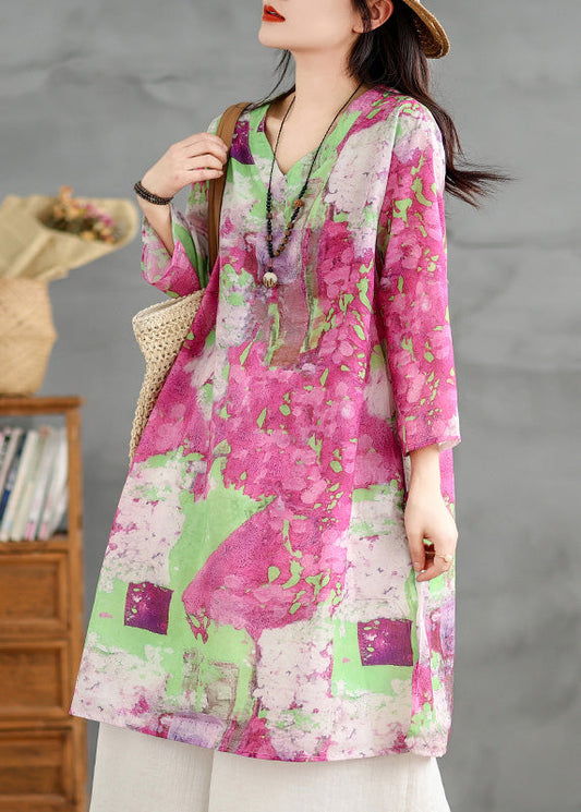 Damen V-Ausschnitt Print Baumwolle Mid Kleider Armband Ärmel