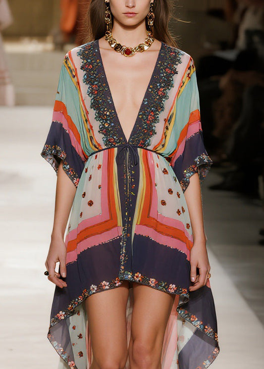 Women V Neck Print Low High Design Chiffon Dress Summer