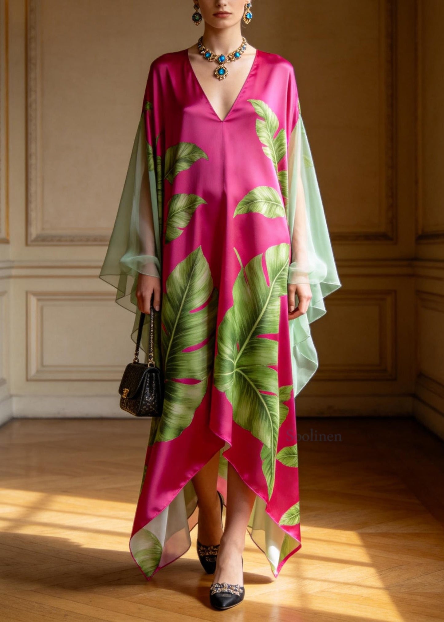 Women V Neck Print Patchwork Chiffon Maxi Dresses Summer