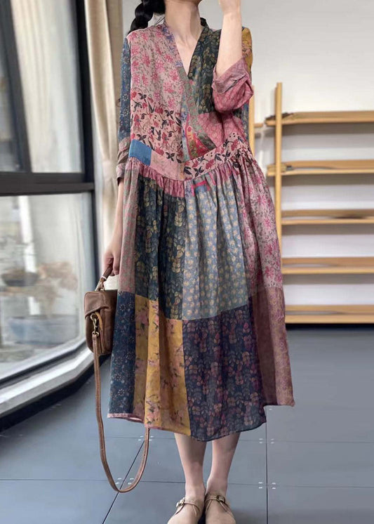 Vestido largo arrugado con cuello en V y estampado para mujer de verano