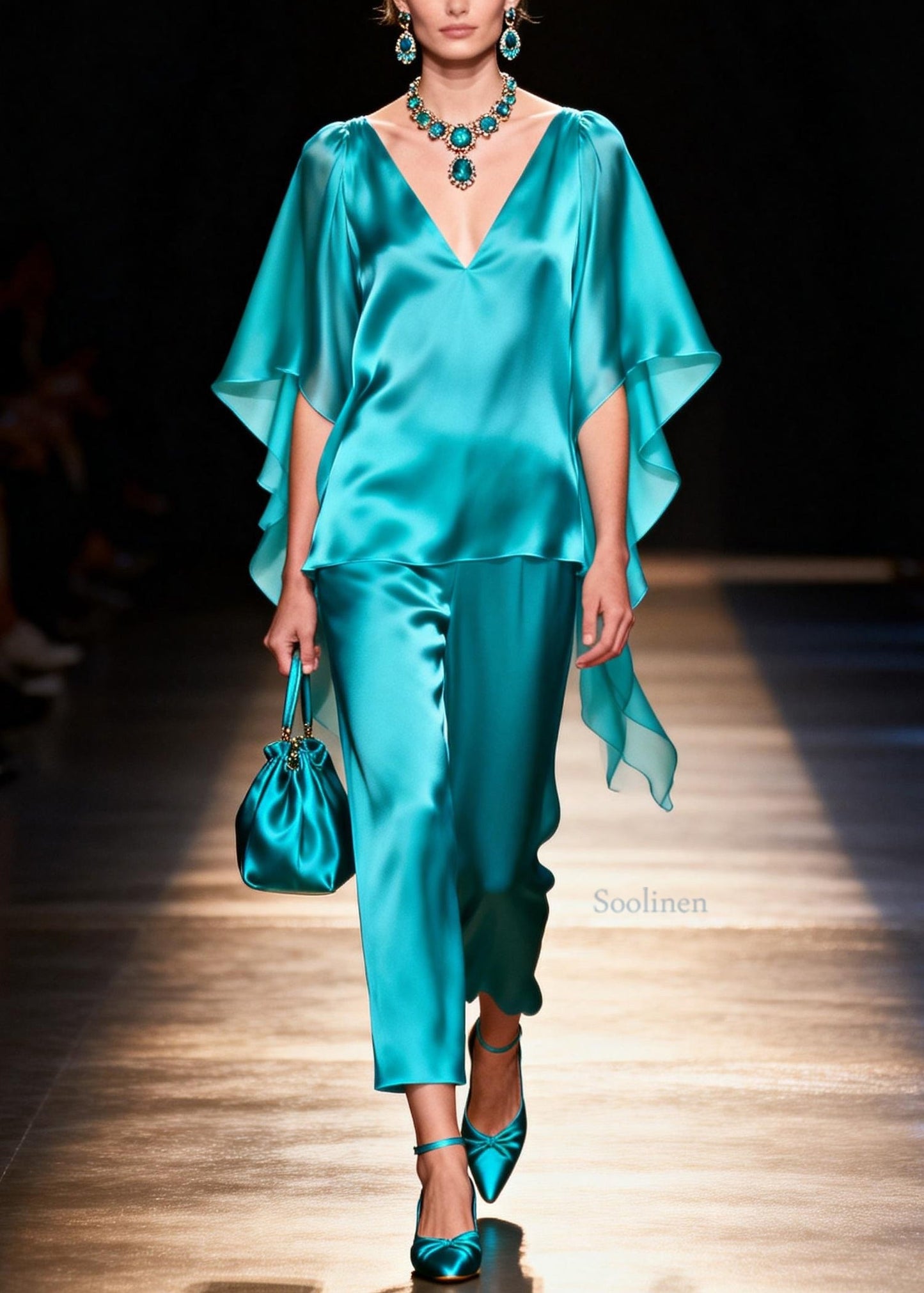 Women V Neck Tops And Pants Silk Two Pieces Set Summer