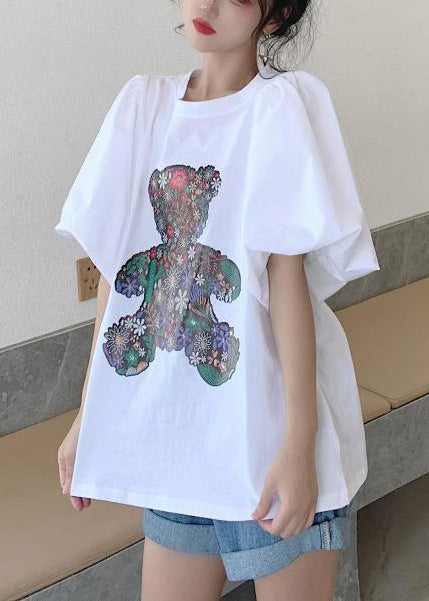 Women White Bear Print Cotton Tank Tops Puff Sleeve
