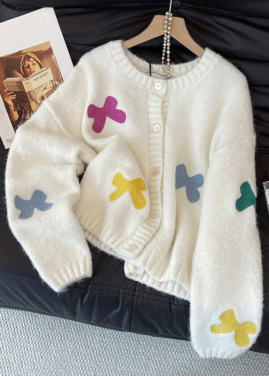 Women White Bow Button Cozy Wool Knit Cardigan Fall