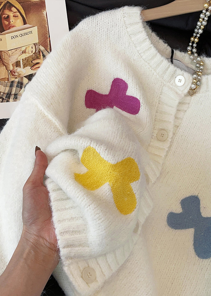 Women White Bow Button Cozy Wool Knit Cardigan Fall