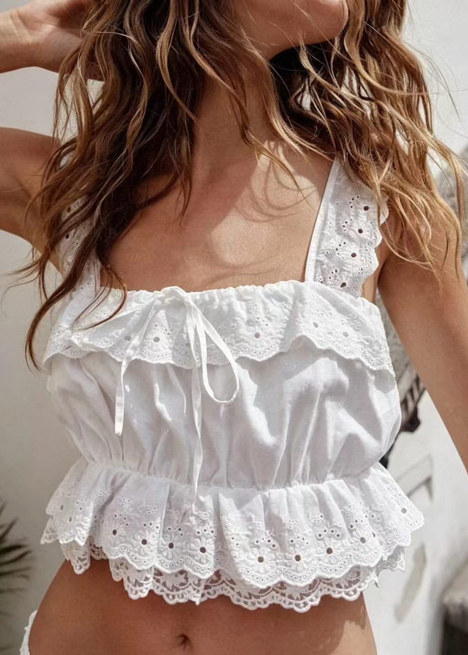 Women White Embroidered Asymmetrical Design Cotton Sets 2 Pieces Summer