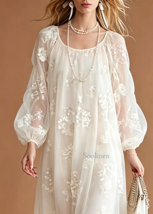 Women White Embroidered Oversized Lace Long Dress Summer