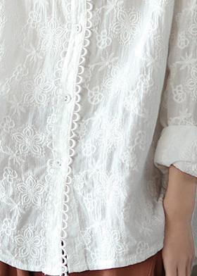 Women White Embroidery shirts Lapel white button loose Spring blouse - SooLinen