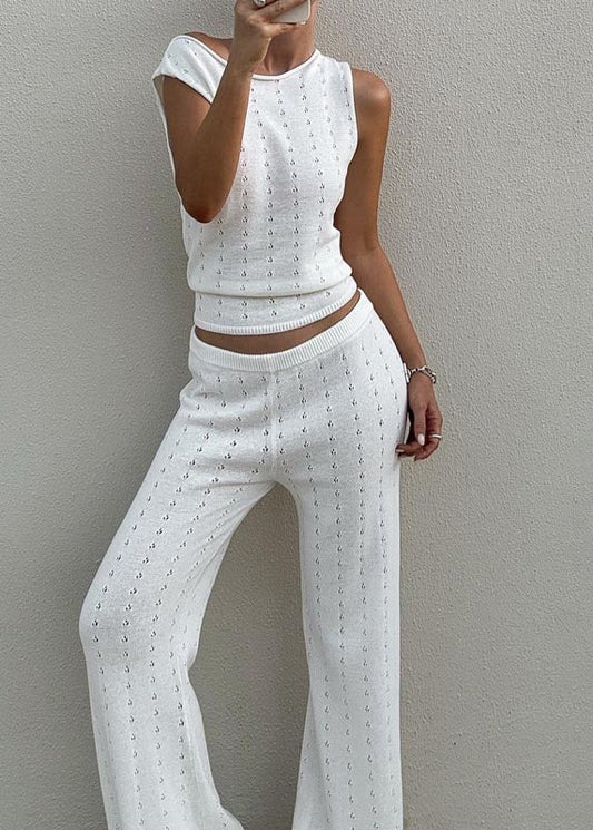 Women White Hollow Out Flatering Knit Vests And Straight Pants Two Piece Set Sleeveless
