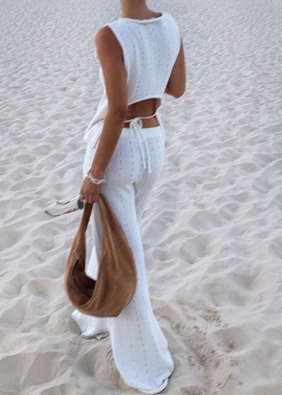 Women White Hollow Out Flatering Knit Vests And Straight Pants Two Piece Set Sleeveless