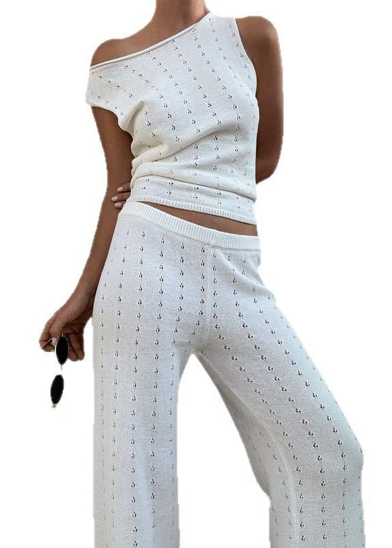 Women White Hollow Out Flatering Knit Vests And Straight Pants Two Piece Set Sleeveless