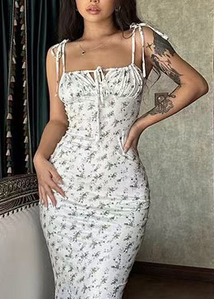 Women White Lace Up Print Slim Fit Cotton Maxi Dress Summer